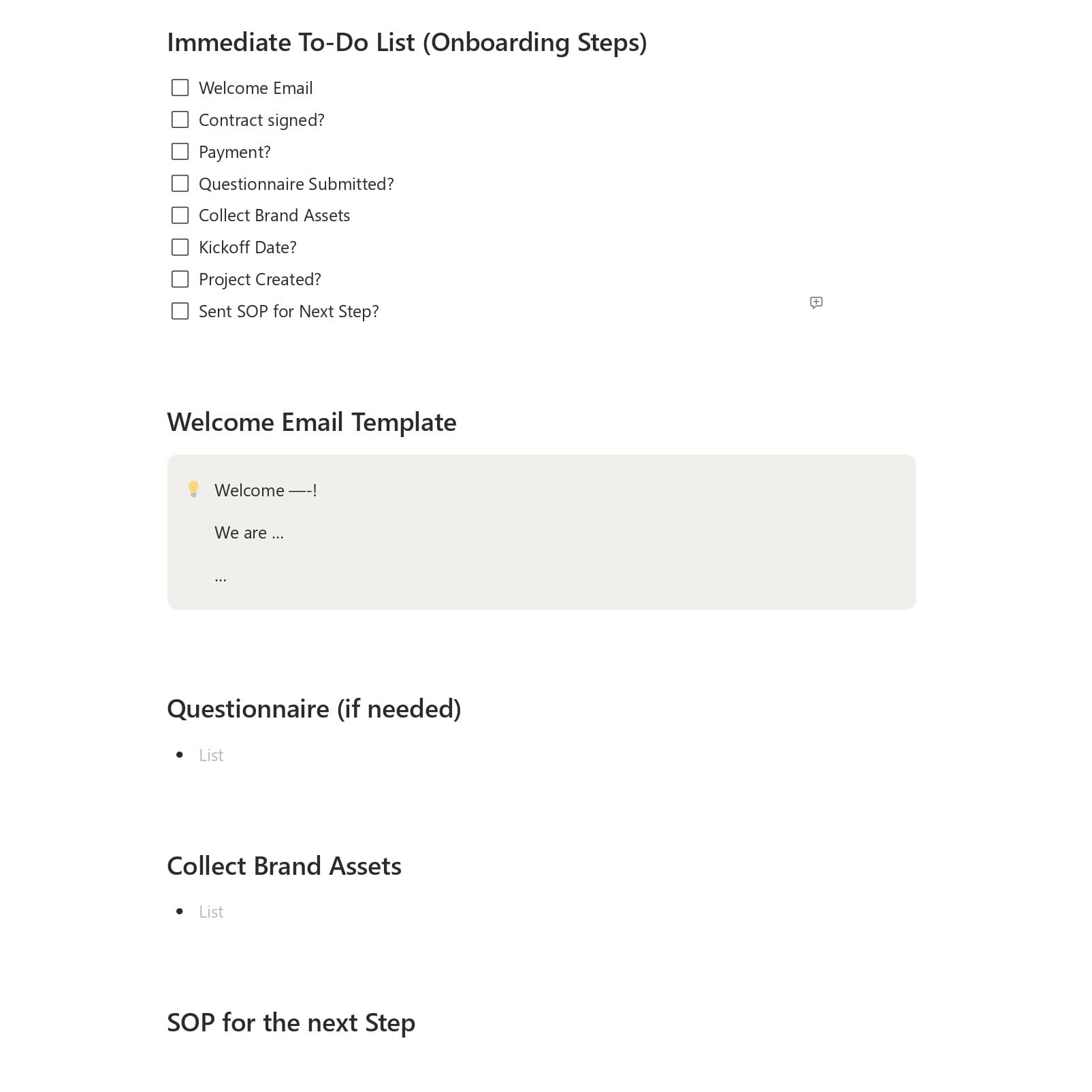 Apex Studio client template showing the onboarding checklist and client information