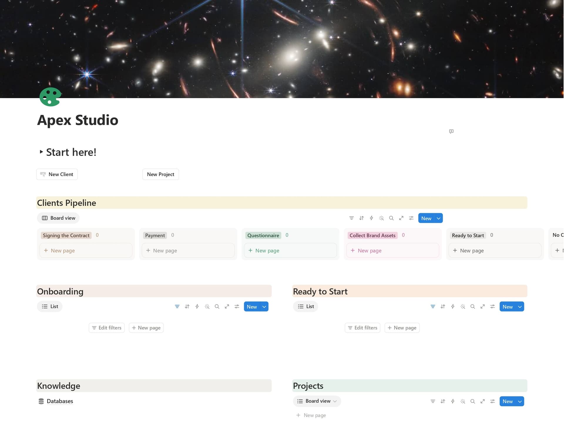 Apex Studio client onboarding dashboard showing the client pipeline and onboarding views