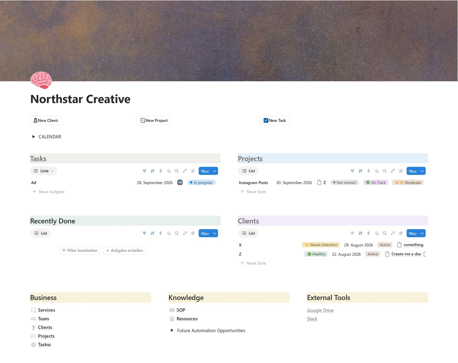Northstar Creative operations dashboard showing tasks, projects, clients, calendar, and recently completed work