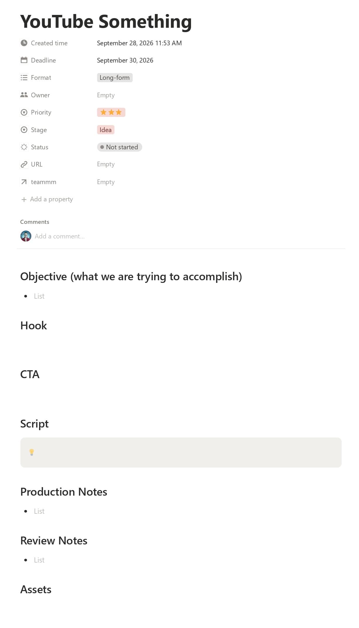 Northstar Media content page showing objective, hook, CTA, script, production notes, and assets